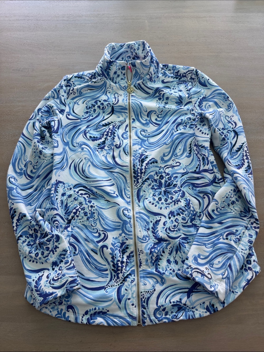 Lilly Pulitzer White & Blue Wave-Print Zip Jacket Xs